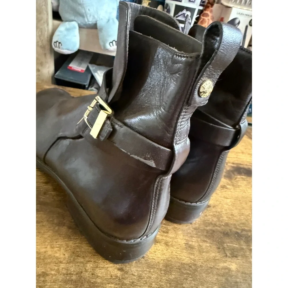 Michael Kors Arley Brown Leather Ankle Boots Size 10M Gold Hardware Moto